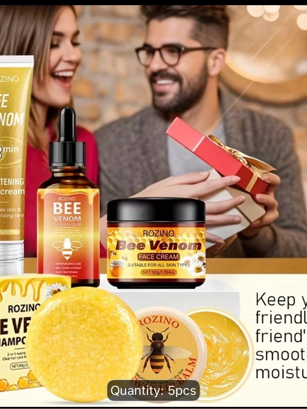 ROZINO Bee Venom Skincare Set Essence, Eye/Face Cream, Lip Balm, Shampoo Soap